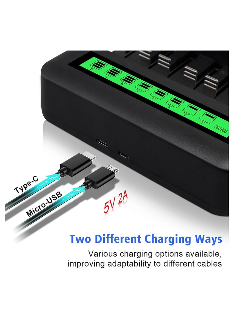 8-Bay LCD Rechargeable Battery Charger for AA, AAA, C, D Ni-MH Batteries with USB Port, Type C Input, Fast Charging, Automatic Detection, and Overcharge Protection.