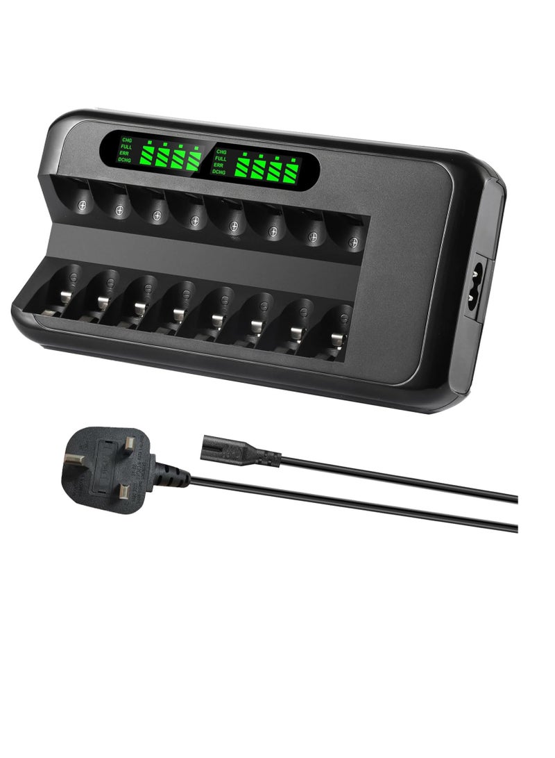 Quick Battery Charger with AC Adapter and Intelligent LCD Display, 8 Independent Charging Slots for Ni-Mh and Ni-Cd Rechargeable AA AAA Batteries, Featuring Safety Protection.