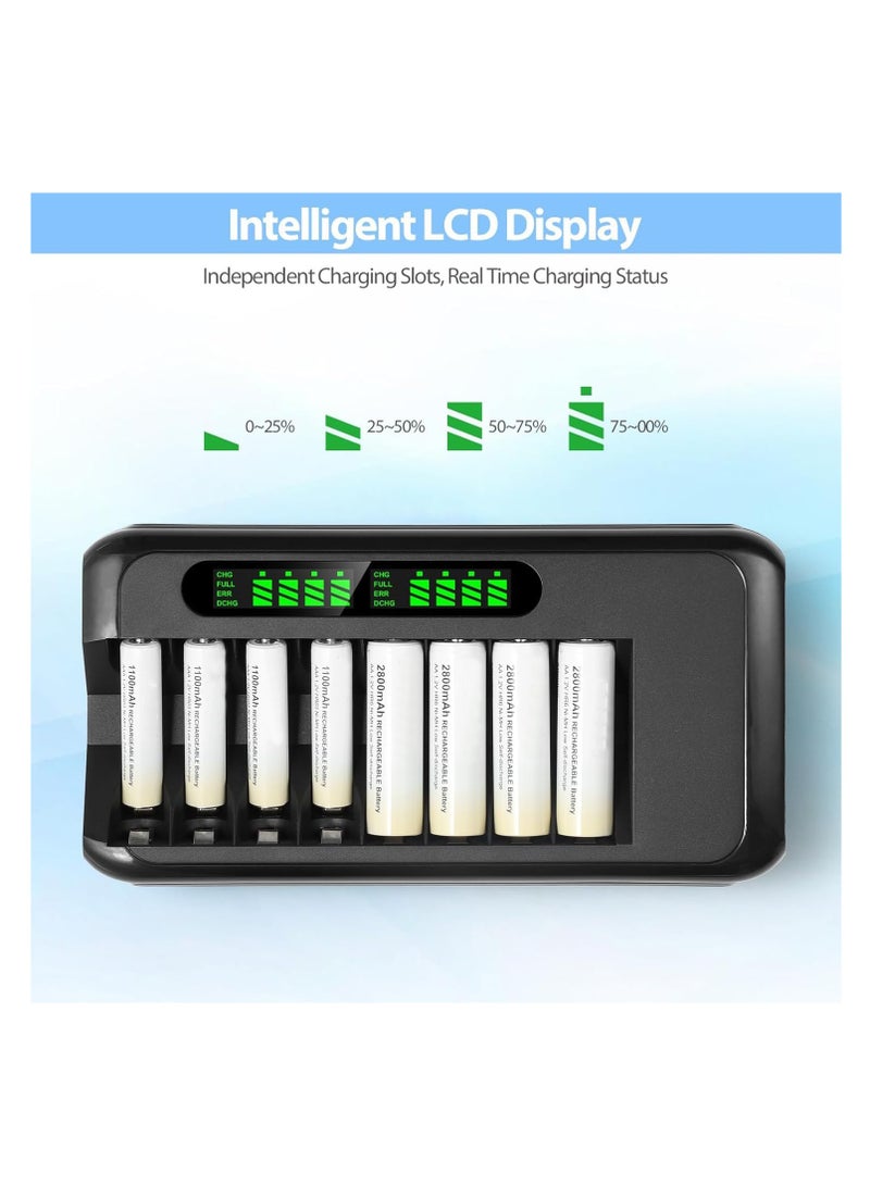 Quick Battery Charger with AC Adapter and Intelligent LCD Display, 8 Independent Charging Slots for Ni-Mh and Ni-Cd Rechargeable AA AAA Batteries, Featuring Safety Protection.