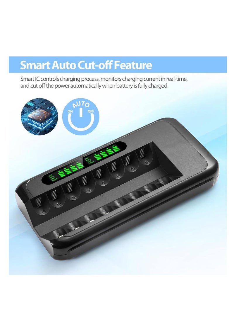 Quick Battery Charger with AC Adapter and Intelligent LCD Display, 8 Independent Charging Slots for Ni-Mh and Ni-Cd Rechargeable AA AAA Batteries, Featuring Safety Protection.