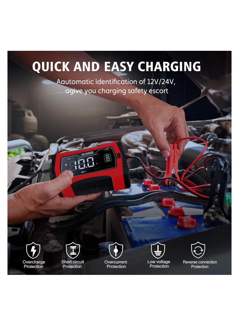 Smart 10-Amp 12V/24V Battery Charger & Maintainer - Trickle Charger for Car, Motorcycle, Lawn Mower, Compatible with Lithium, LiFePO4, Lead Acid (AGM/Gel/SLA) & Desulfator.