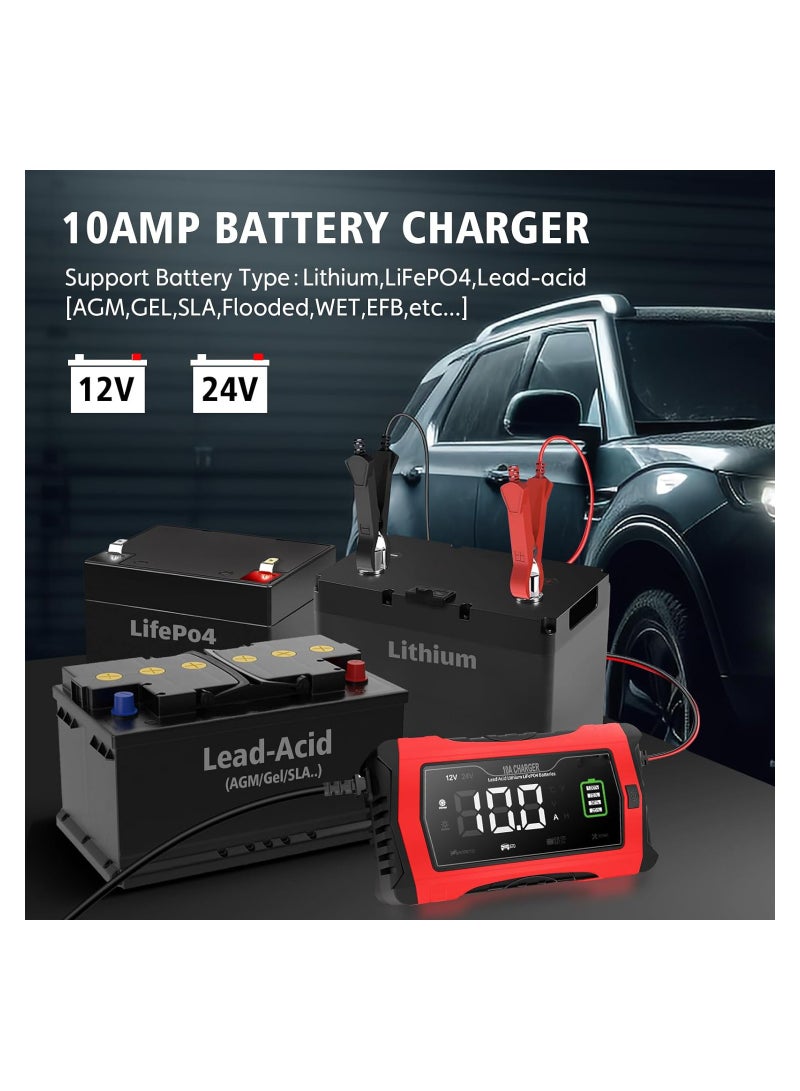 Smart 10-Amp 12V/24V Battery Charger & Maintainer - Trickle Charger for Car, Motorcycle, Lawn Mower, Compatible with Lithium, LiFePO4, Lead Acid (AGM/Gel/SLA) & Desulfator.