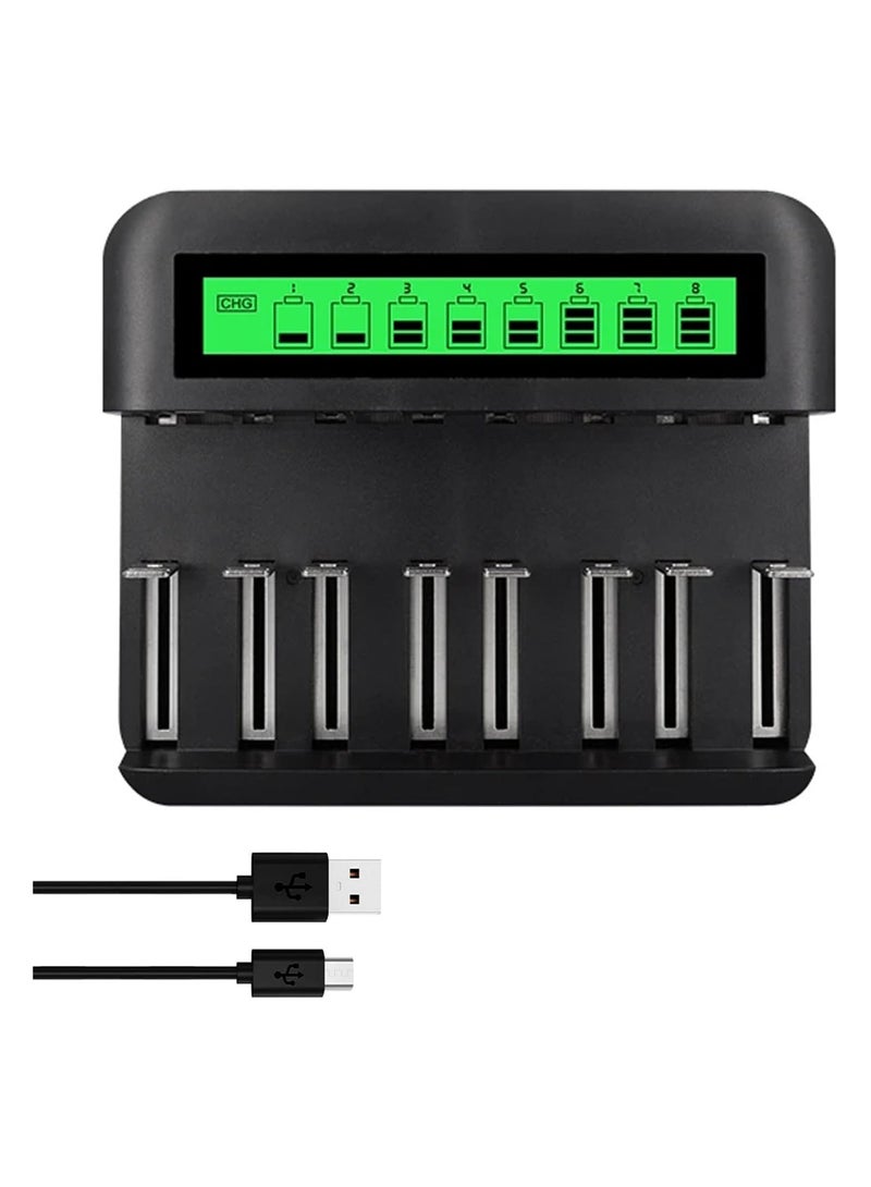 8-Bay LCD Rechargeable Battery Charger for AA, AAA, C, D Ni-MH Batteries with USB Port, Type C Input, Fast Charging, Automatic Detection, and Overcharge Protection.