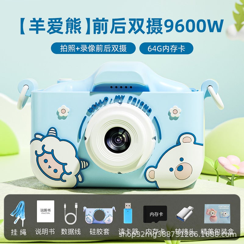 Cross-border New Children Camera Photographable Unicorn Cartoon Digital Mini X2 HD Double Photograph Toy Gift Factory ✅new product-yangai bear-blue+64g+card reader