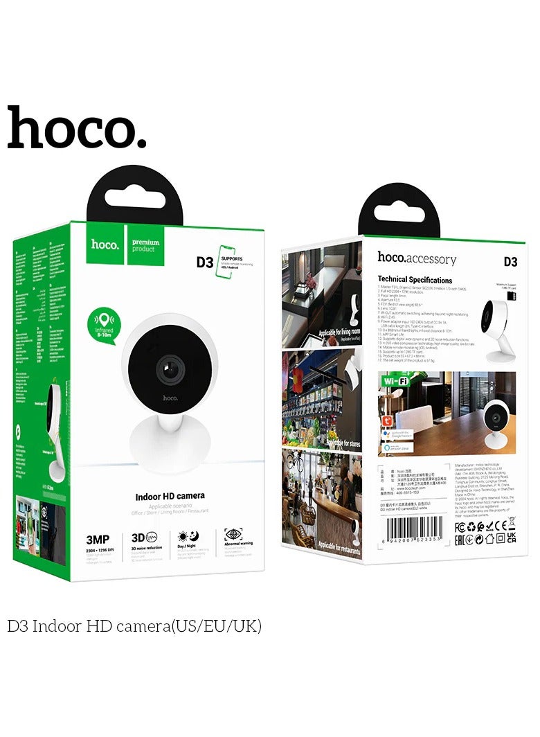 Camera Hoco D3 Indoor HD Compact  with Noise Reduction Technology for Clear Sound Automatic Day and Night Mode Switching with Unnatural Motion Alerts (White)