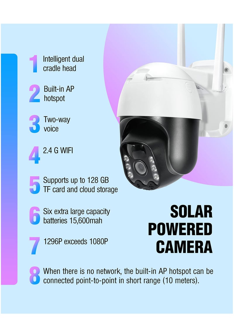 Security Camera Wireless Outdoor 3MP Ultra HD 2K Smart Camera, 3MP Solar Powered 2.4G WiFi 360° View Pan Tilt Strobe Light Spotlight Color Night Vision PIR Human Detection 2-Way Talk IP66 PTZ