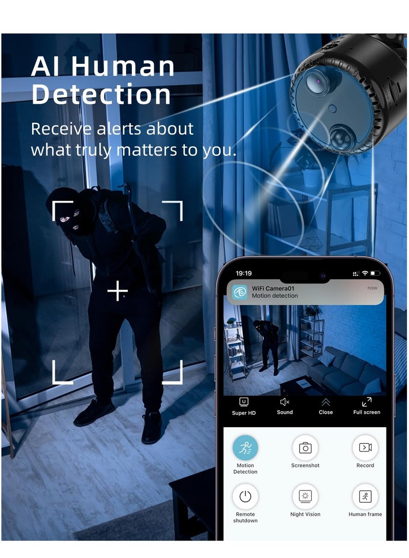 Mini Surveillance Camera, 4K Live Transmission Mobile Phone WiFi Small Wireless Video Surveillance, Easy Install with Magnetic Base, with Recording App Control & Night Vision