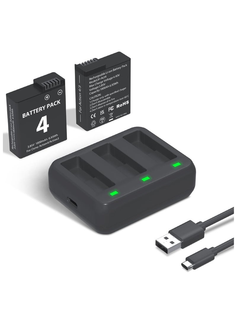 Battery Charger Pack for OSMO Action 3/4 - Includes 2 x 1800mAh Batteries and 3-Channel USB Charger Kit, Portable Charging Solution for OSMO Action 3 Camera.