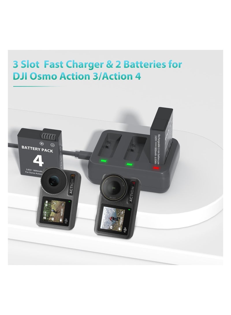 Battery Charger Pack for OSMO Action 3/4 - Includes 2 x 1800mAh Batteries and 3-Channel USB Charger Kit, Portable Charging Solution for OSMO Action 3 Camera.