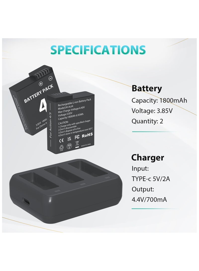 Battery Charger Pack for OSMO Action 3/4 - Includes 2 x 1800mAh Batteries and 3-Channel USB Charger Kit, Portable Charging Solution for OSMO Action 3 Camera.