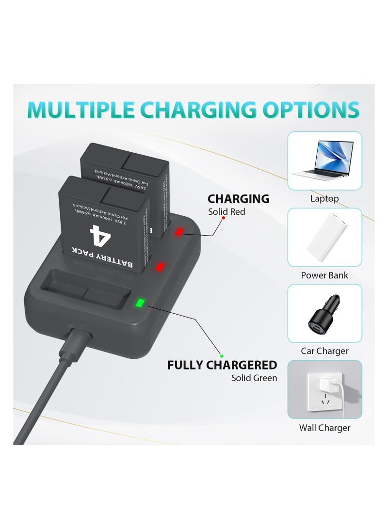 Battery Charger Pack for OSMO Action 3/4 - Includes 2 x 1800mAh Batteries and 3-Channel USB Charger Kit, Portable Charging Solution for OSMO Action 3 Camera.