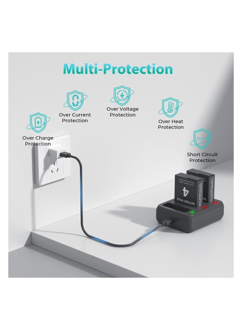 Battery Charger Pack for OSMO Action 3/4 - Includes 2 x 1800mAh Batteries and 3-Channel USB Charger Kit, Portable Charging Solution for OSMO Action 3 Camera.