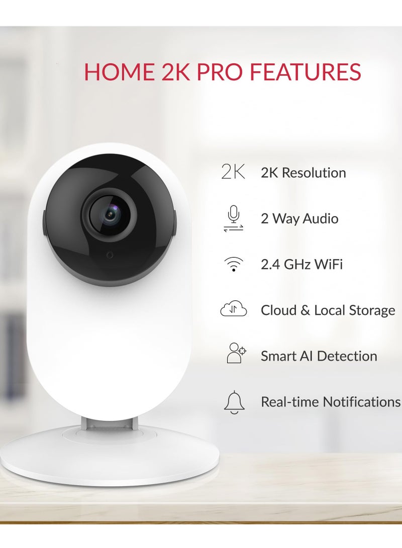 2K Indoor Security Camera, 2.4GHz WiFi, Smart Detection for People, Vehicles, and Pets, Mobile App for Baby and Dog Monitoring, Works with Alexa and Google Assistant.