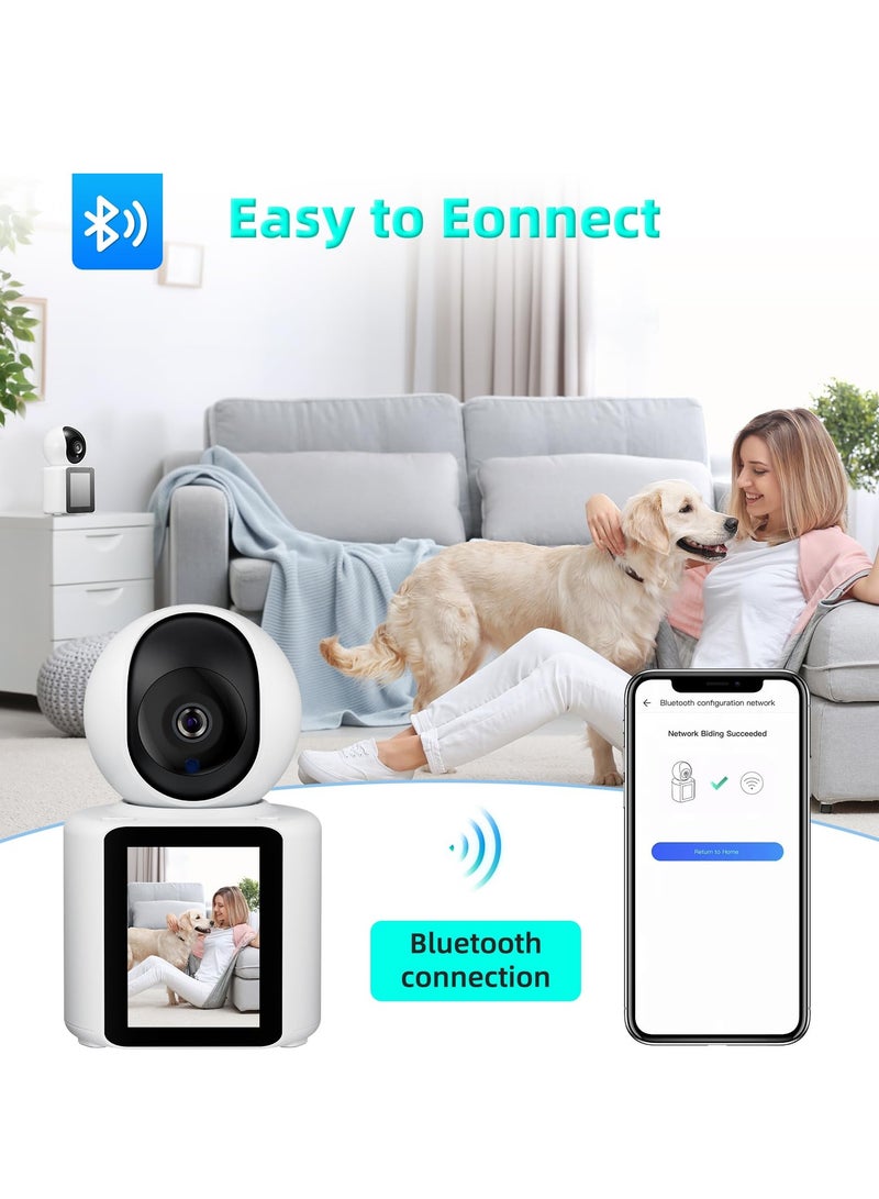 Indoor Security Camera with Video Call, Nanny & Pet Monitor, Two-Way Audio, 360-Degree View, WiFi Connectivity, Motion Tracking, and IR Night Vision for Home Safety.