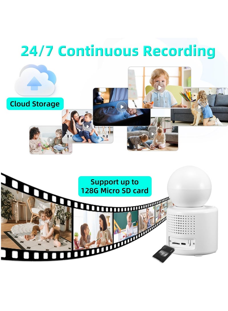 Indoor Security Camera with Video Call, Nanny & Pet Monitor, Two-Way Audio, 360-Degree View, WiFi Connectivity, Motion Tracking, and IR Night Vision for Home Safety.