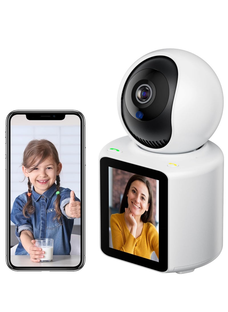 Indoor Security Camera with Video Call, Nanny & Pet Monitor, Two-Way Audio, 360-Degree View, WiFi Connectivity, Motion Tracking, and IR Night Vision for Home Safety.