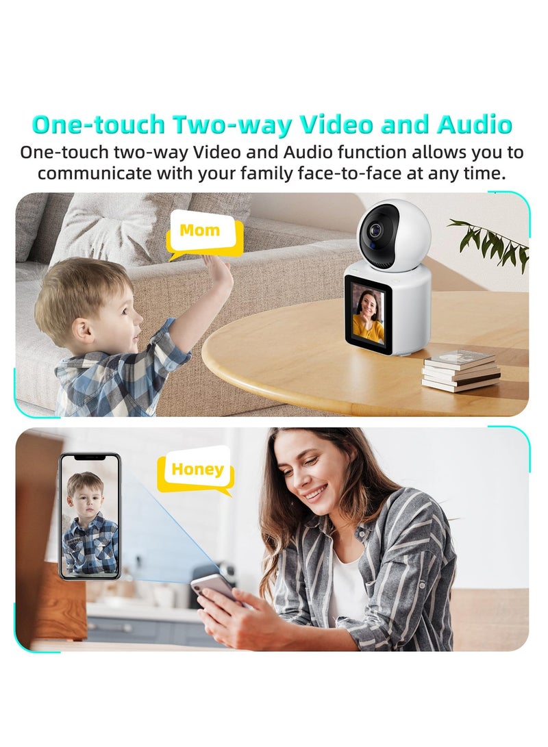 Indoor Security Camera with Video Call, Nanny & Pet Monitor, Two-Way Audio, 360-Degree View, WiFi Connectivity, Motion Tracking, and IR Night Vision for Home Safety.