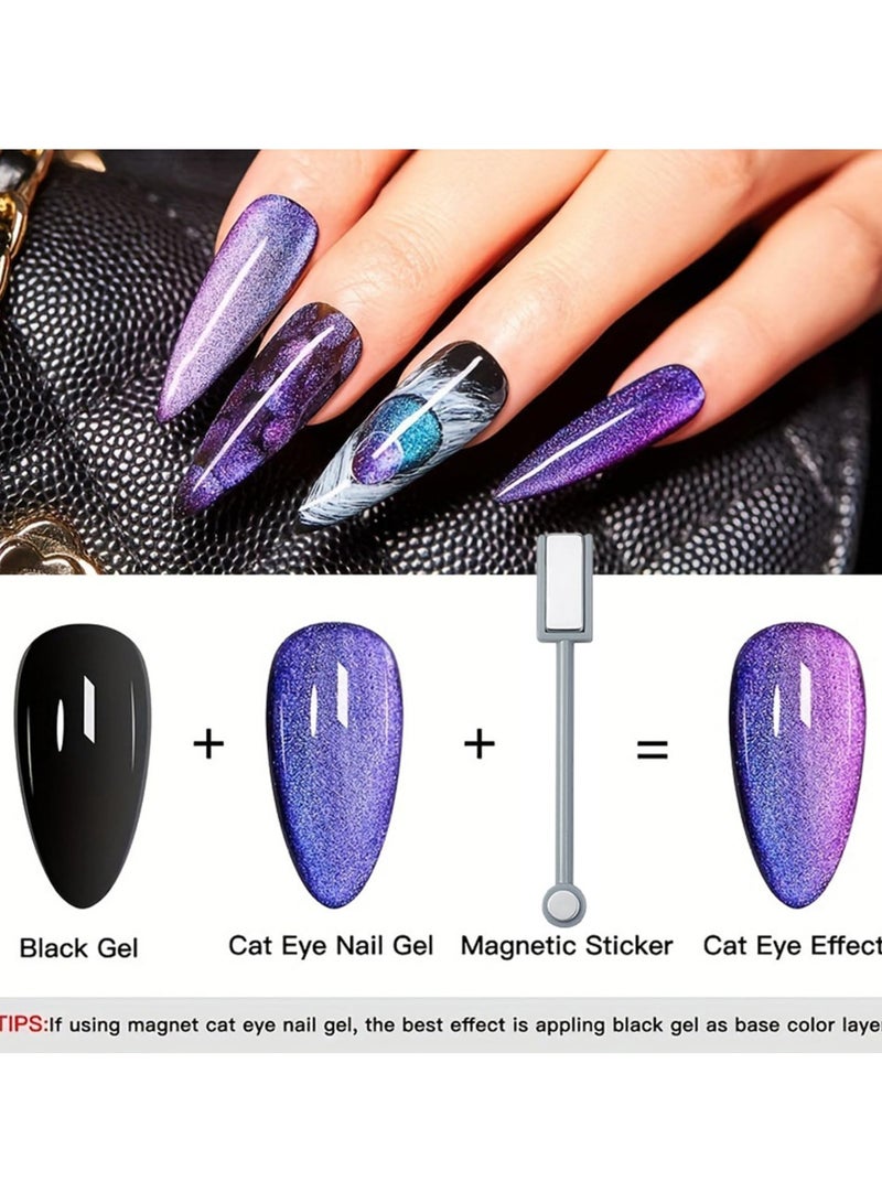 Cat Eye Gel Nail Polish Set, 5 Colors - Galaxy Magnetic UV Nail Polish, With Magne Magnetic Stick, Base Black Gel Nail Varnish and Universal Rainbow Nail Gel Nail Polish DIY Manicure Nail Salon