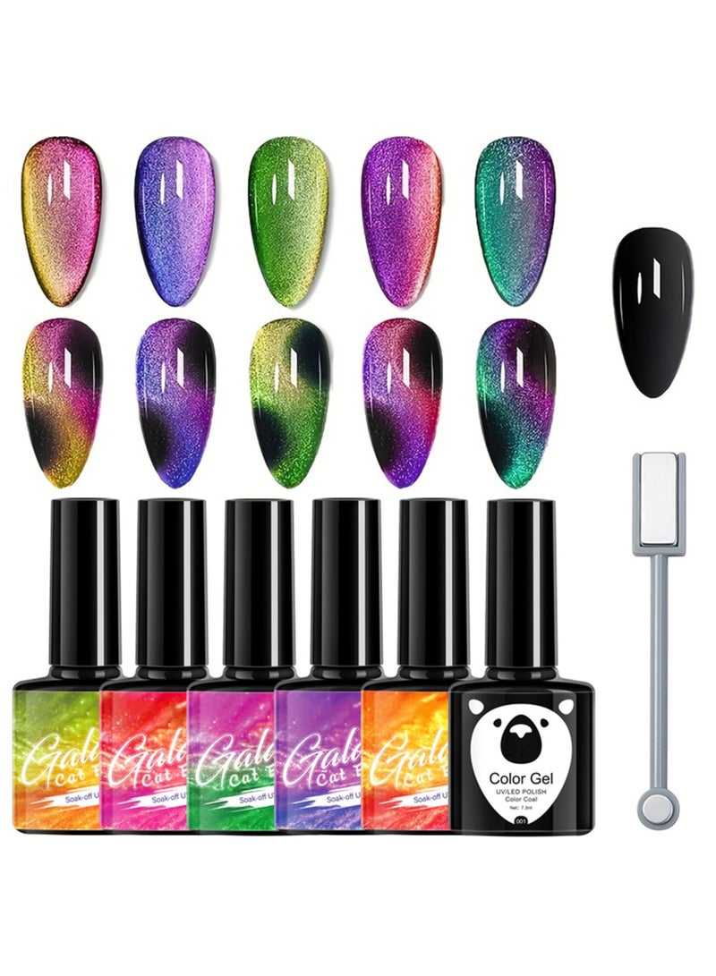 Cat Eye Gel Nail Polish Set, 5 Colors - Galaxy Magnetic UV Nail Polish, With Magne Magnetic Stick, Base Black Gel Nail Varnish and Universal Rainbow Nail Gel Nail Polish DIY Manicure Nail Salon