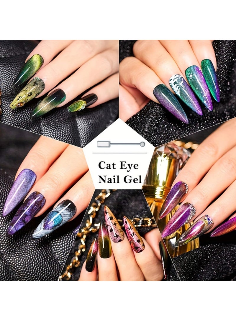 Cat Eye Gel Nail Polish Set, 5 Colors - Galaxy Magnetic UV Nail Polish, With Magne Magnetic Stick, Base Black Gel Nail Varnish and Universal Rainbow Nail Gel Nail Polish DIY Manicure Nail Salon