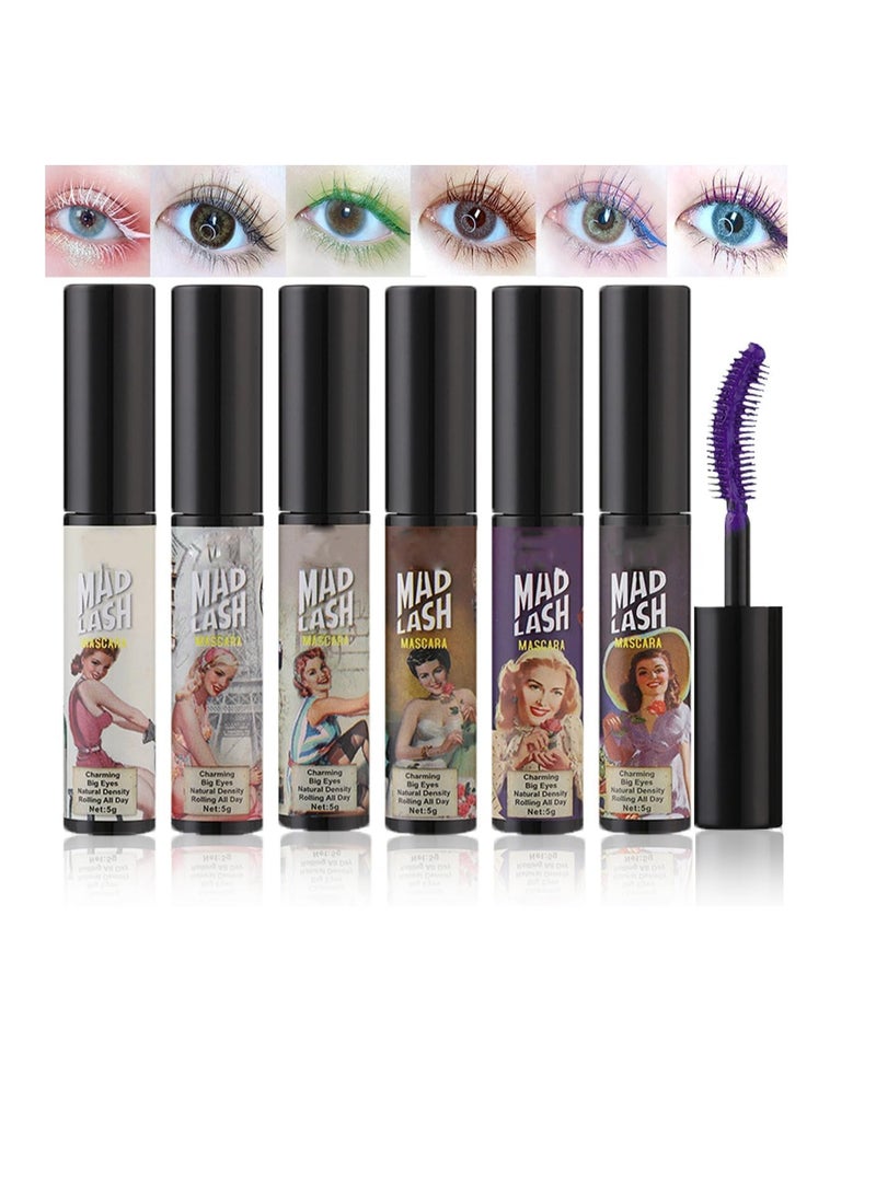 Colorful Mascara Set, Waterproof Colored Mascara for Eyelashes Set, Natural Smudgeproof Long Lasting Curling Colorful Mascara for Women Eye Makeup 6 Colors White Green Black Purple Blue Brown