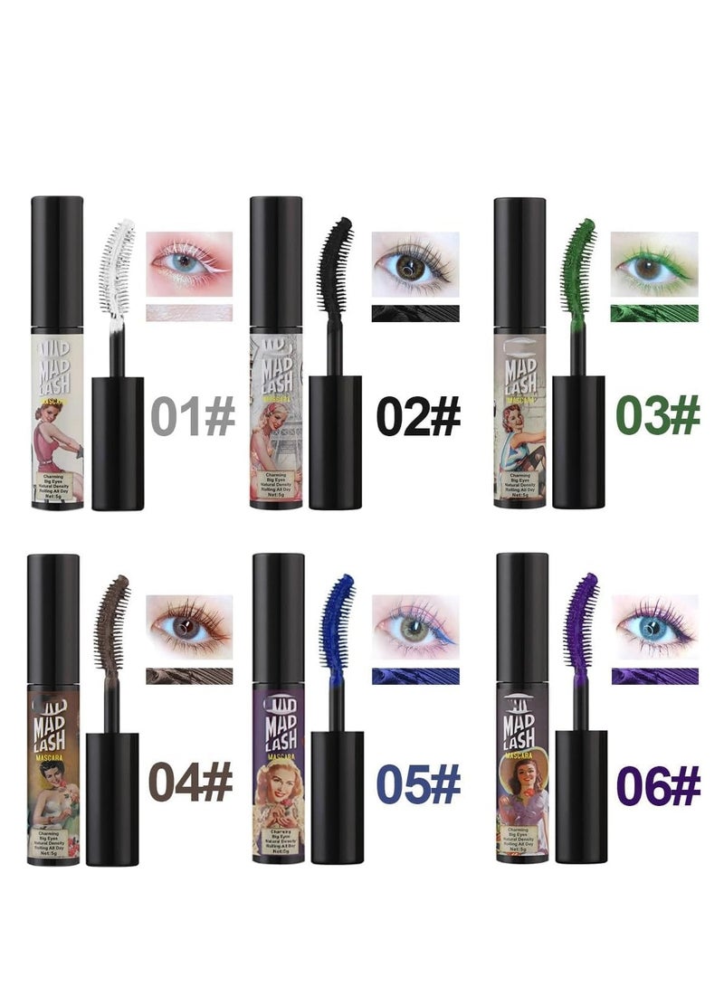 Colorful Mascara Set, Waterproof Colored Mascara for Eyelashes Set, Natural Smudgeproof Long Lasting Curling Colorful Mascara for Women Eye Makeup 6 Colors White Green Black Purple Blue Brown