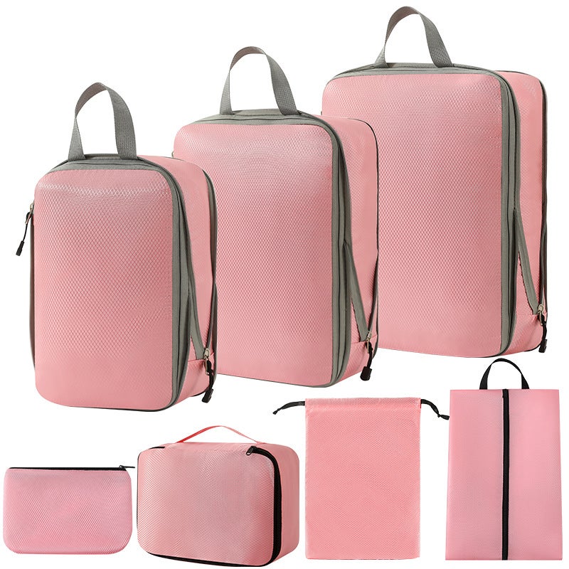 7-Piece Travel Organizer Compression Set Three-piece set + shoe bag + bra bag + flat pocket + drawstring pocket (pink seven-piece set)