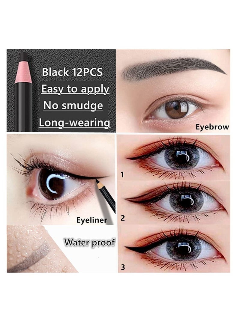 12 Waterproof Eyebrow Pencils for Long Lasting Makeup, Sweatproof Eye Makeup Pens for Women, Professional Black Eyeliner Pencils