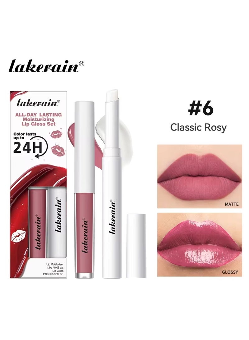 Moisturizing Lip Gloss Set 24H Matte Glossy Finish Smooth and Shiny High Color Rendering Waterproof Long Lasting Hydrating Lip Color Lip Gloss Set Lip Color & Lip Gloss Set Classic Rosy 06