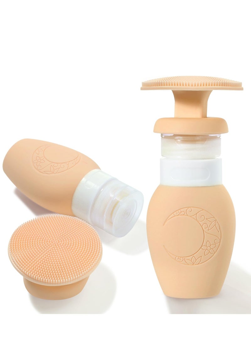 Travel Toiletry Bottles with Silicone Facial Exfoliator Cleansing Brush, 70ml TSA Approved Leak-Proof Squeeze Bottles for Deep Skin Cleaning (Light Orange)