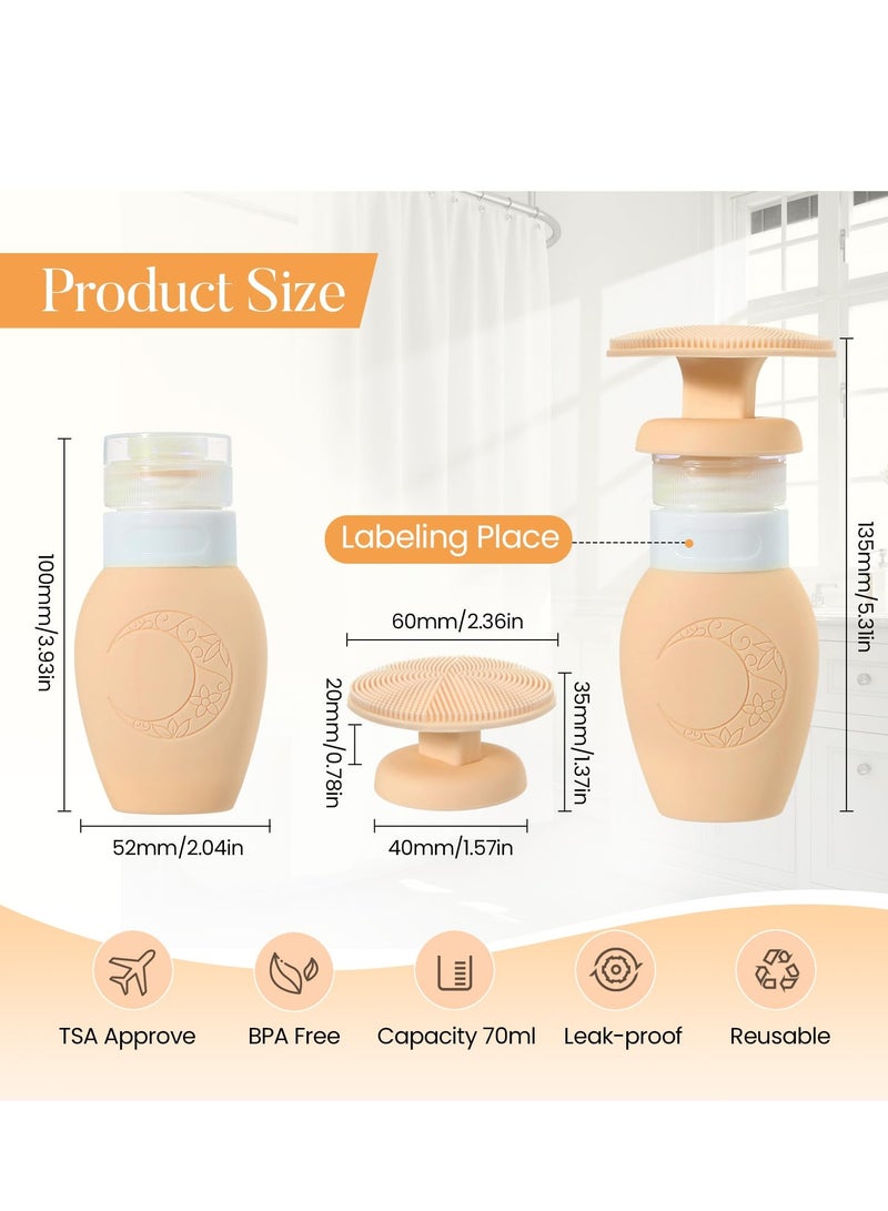 Travel Toiletry Bottles with Silicone Facial Exfoliator Cleansing Brush, 70ml TSA Approved Leak-Proof Squeeze Bottles for Deep Skin Cleaning (Light Orange)