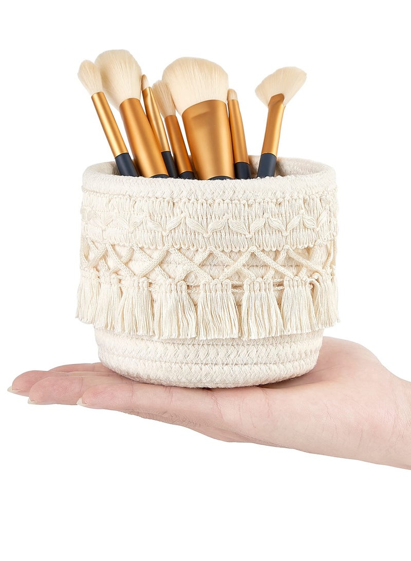 Boho Style Makeup Brush Holder Set, 2 Pcs Mini Storage Baskets, Macrame Cotton Rope Organizer for Bathroom and Desk, Ideal for Cosmetics and Stationery