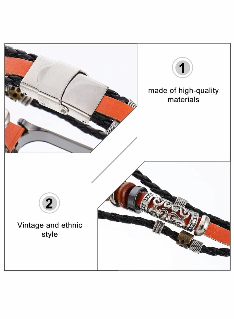 Stylish Wrist Strap for Mi Band 5, Lightweight PU Leather Band with Metal Frame, Handmade Beaded Retro Ethnic Watchband, Replacement Strap for All