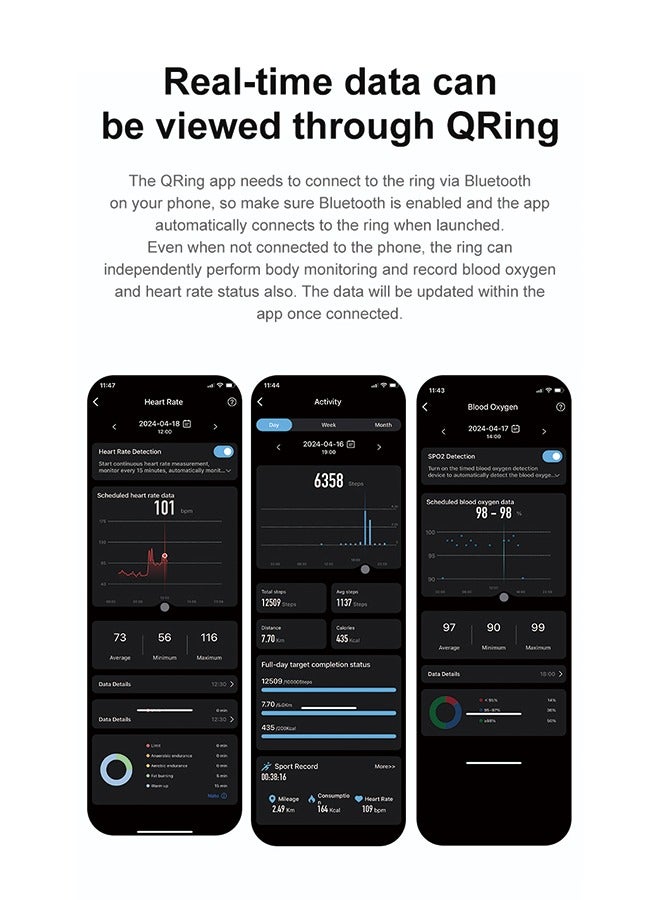 R06 QRing Smart Ring - Step Counter, Heart Rate Monitor, Blood Oxygen Saturation, Sleep Tracker, IP68 Waterproof,Does not include charging case, comes with charging cable