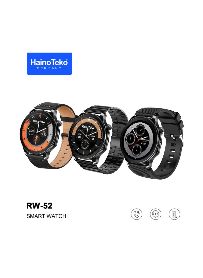 Haino Teko Germany RW52 Round Shape AMOLED Display Smart Watch With 3 Pair Straps For Mens and Boys Black