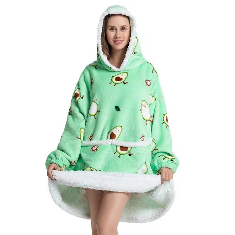 2022 Flannel Thickened Pajamas Lamb Fleece TV Blanket with Hood Cartoon Bomb avocado compound-adult