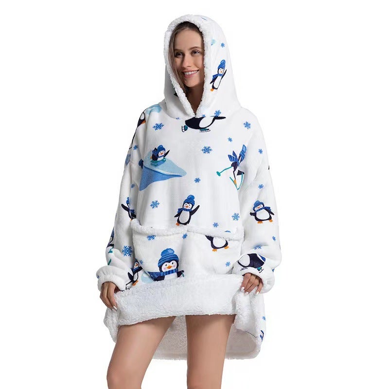 2022 Flannel Thickened Pajamas Lamb Fleece TV Blanket with Hood Cartoon Penguin Compound-Adult