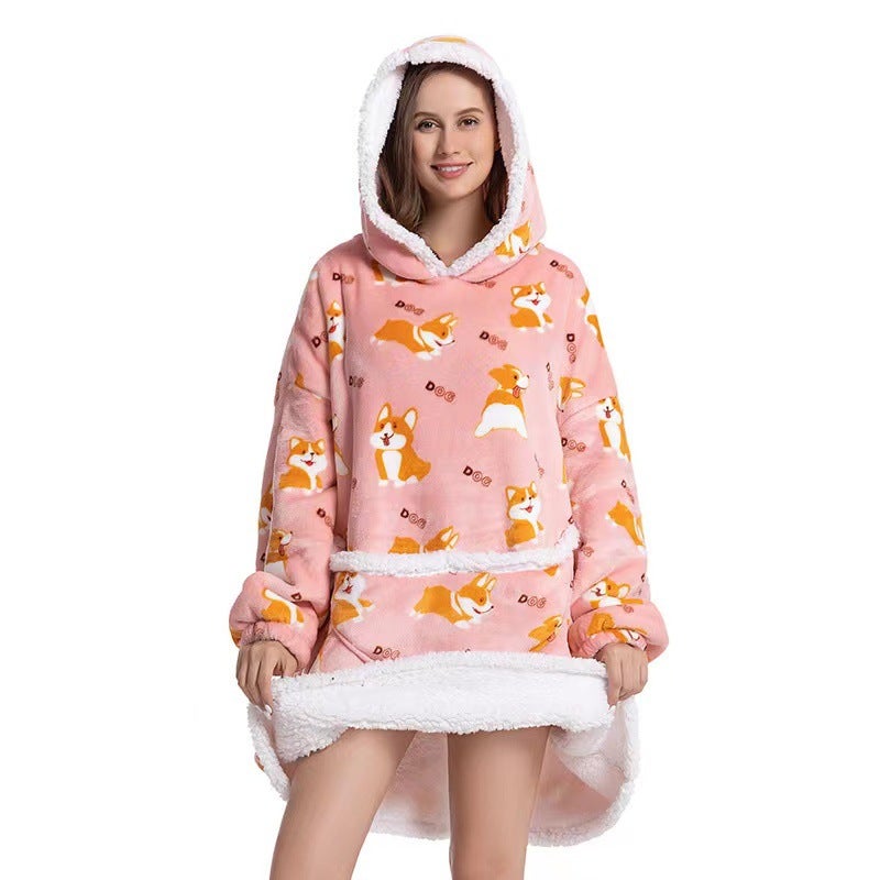 2022 Flannel Thickened Pajamas Lamb Fleece TV Blanket with Hood Cartoon Corgi Compound-Adult