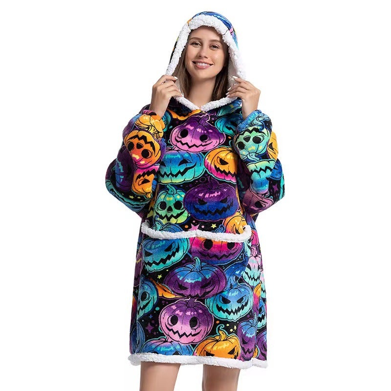 2022 Flannel Thickened Pajamas Lamb Fleece TV Blanket with Hood Cartoon Pumpkin Compound-Adult