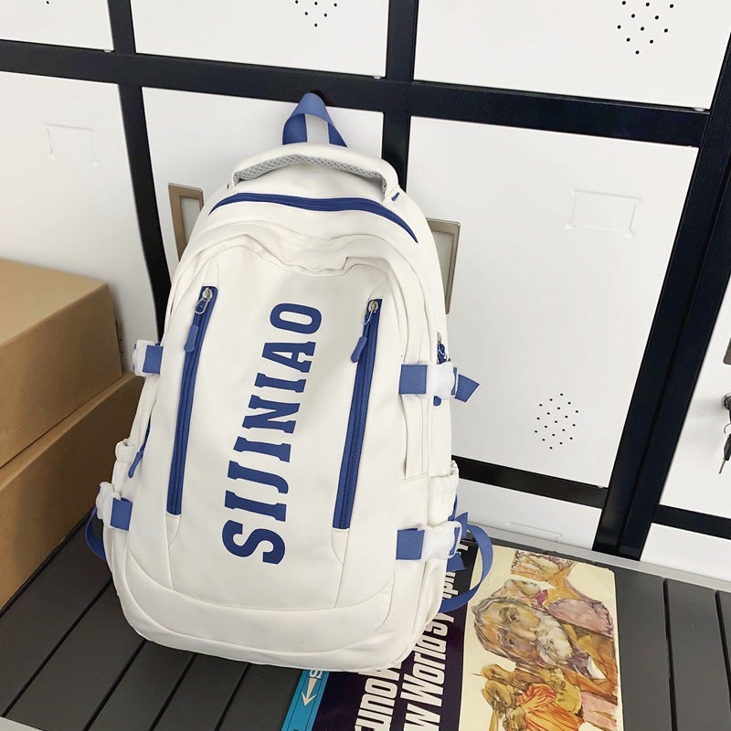 Large Capacity Casual Backpack for Students White with blue