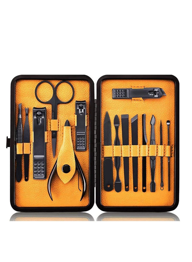 Professional Stainless Steel Nail Clipper Travel Grooming Kit Nail Tools Manicure Pedicure Set of 15pcs with Luxurious Case Black/Yellow