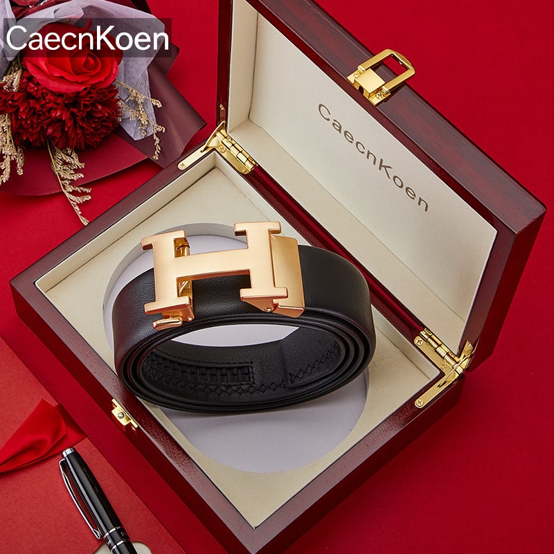 2022 CaecnKoen Mens Genuine Leather Belt with Automatic Buckle 9PD16J-LH Golden Solid Wood Gift Box