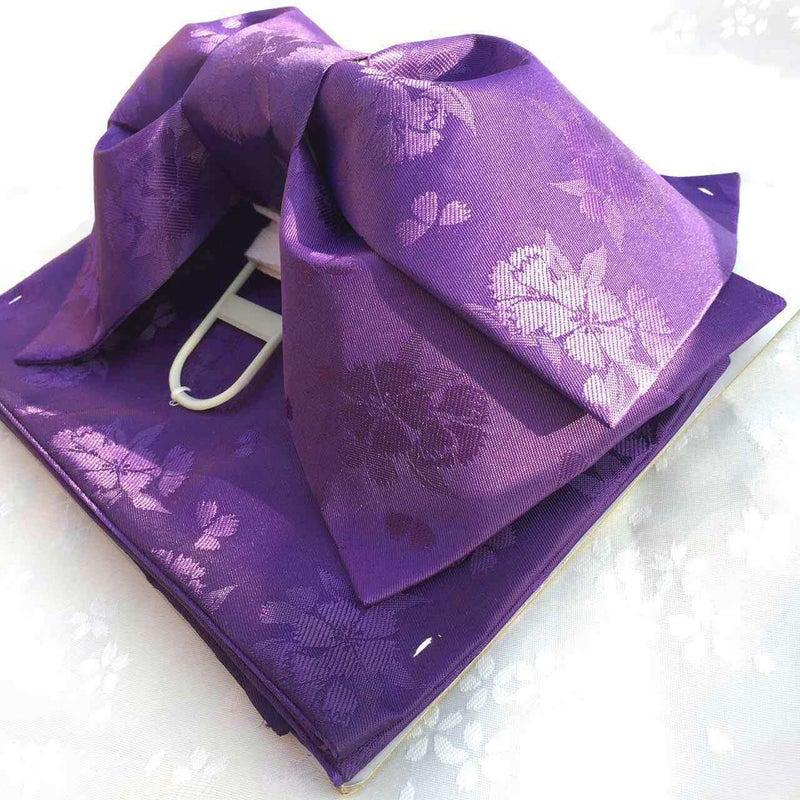 Japanese Kimono Obi Belt with Pre-tied Bow Purple dark pattern