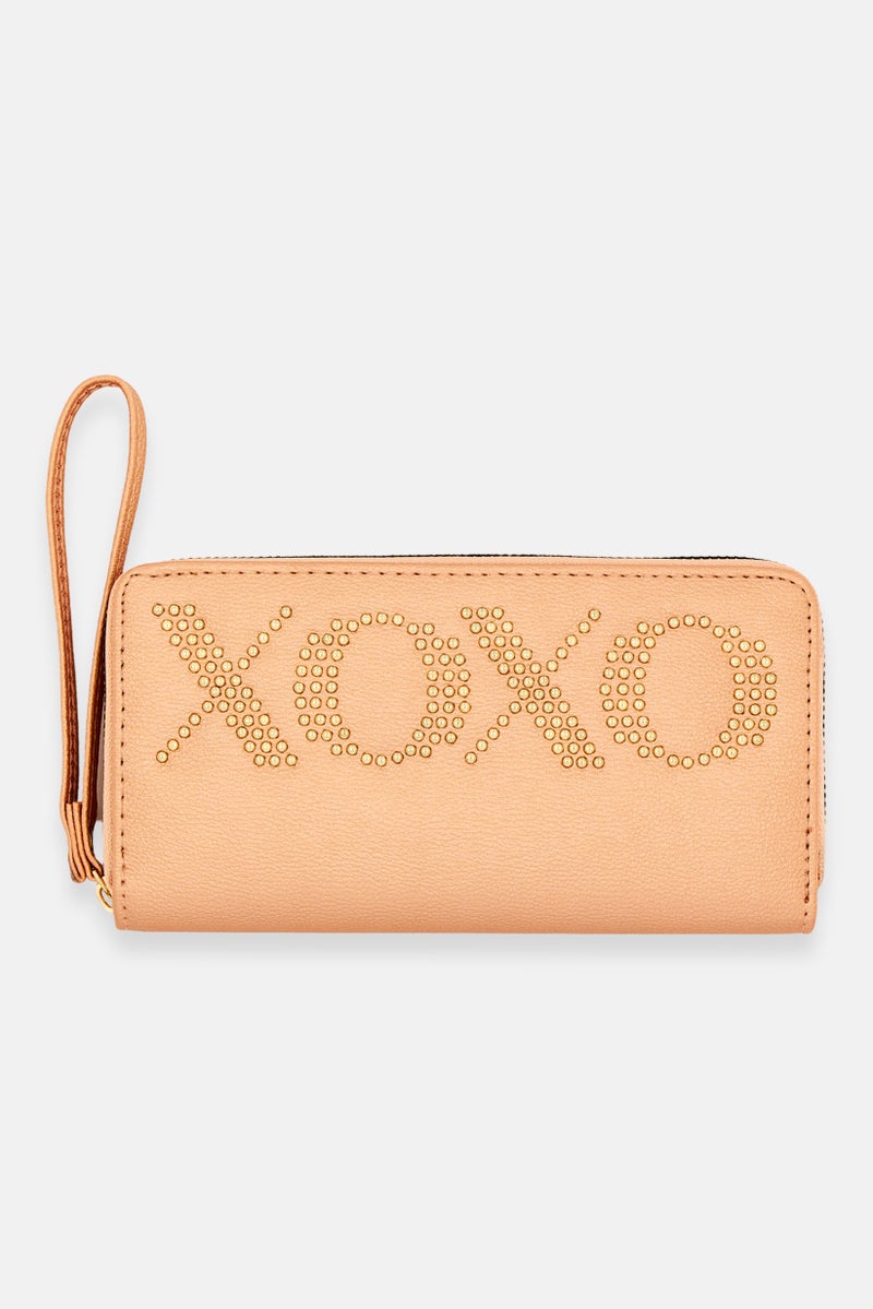 Women Studded Zip Around Wallet 19 L x 10 H x 4 W cm, Pink