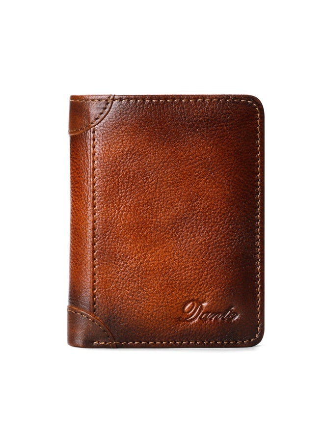 Men's Wallet First-layer Cowhide Anti-theft Card Swiping RFID Genuine Leather Wallet Yellow Brown