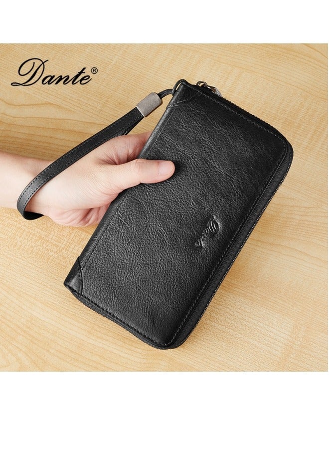 Ancient Harp Leather Card Slot Simple Anti-demagnetization Anti-theft Brush Can Hold Mobile Phone Convenient Wallet Black