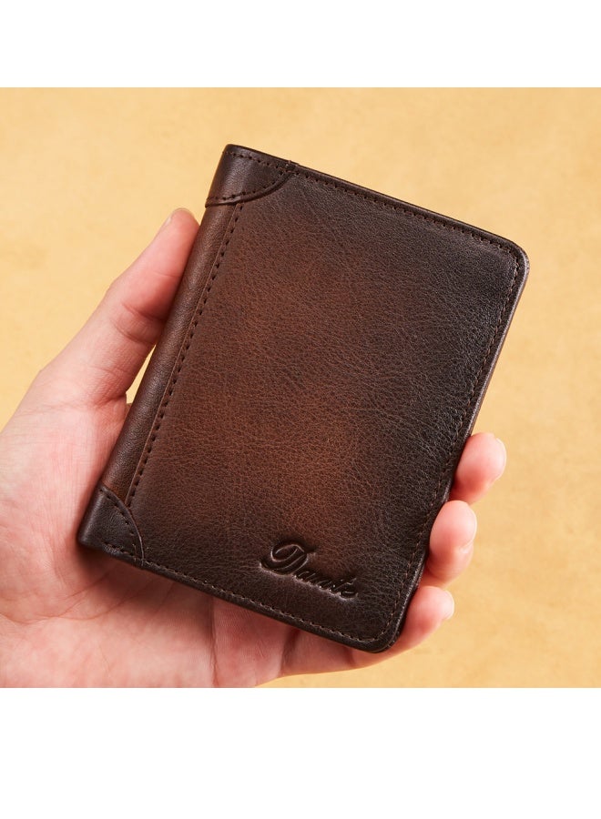 Men's Wallet First-layer Cowhide Anti-theft Card Swipe RFID Genuine Leather Wallet Retro Brown