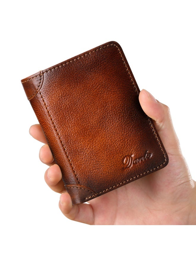 Men's Genuine Leather RFID Anti-theft Brush Vertical Three-sided Retro First-layer Cowhide Wallet Yellow Brown (Anti-theft Brush)