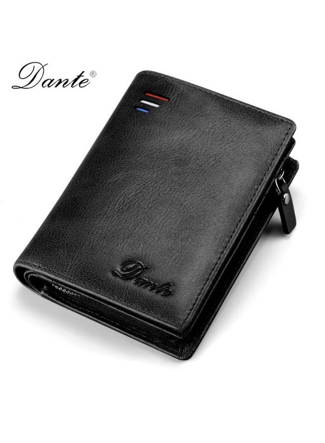 Men's Wallet Short RFID Anti-theft Coin Zipper Wallet Large Capacity Card Holder Black
