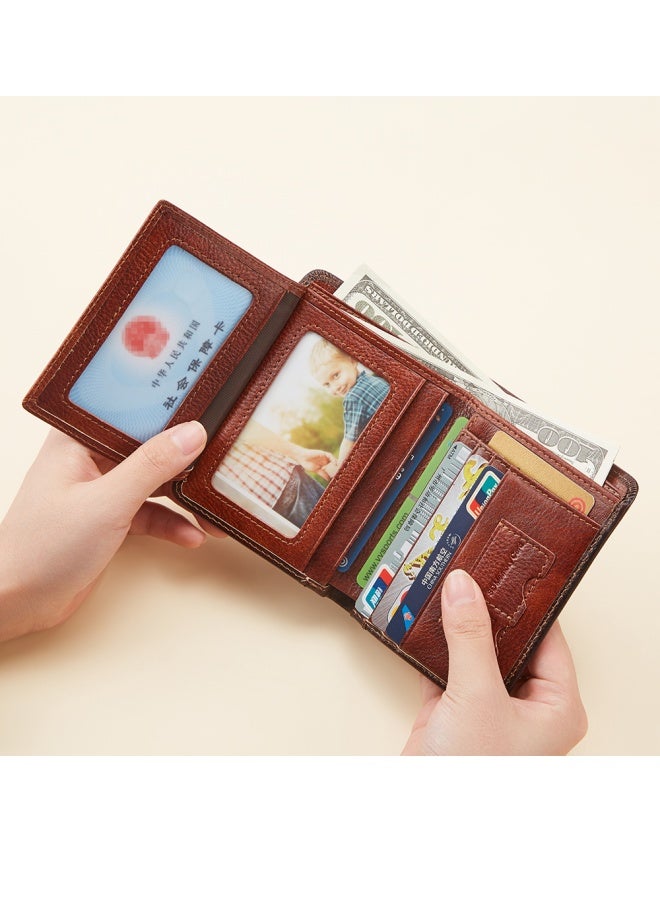 Men's Genuine Leather RFID Anti-theft Brush Vertical Three-sided Retro First-layer Cowhide Wallet Retro Brown (Anti-theft Brush)